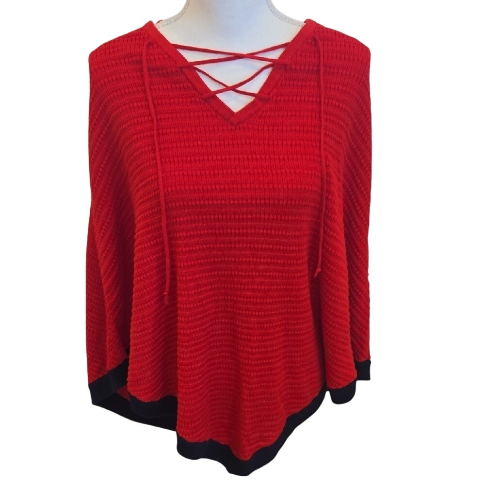 Talbots Knit Poncho Cape‎ Sweater Lace Up Red V-Neck with Black Trim Large